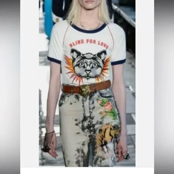 Gucci Tiger Flower Embroidery Bleach Denim Women's High Waist Skinny Jeans 25